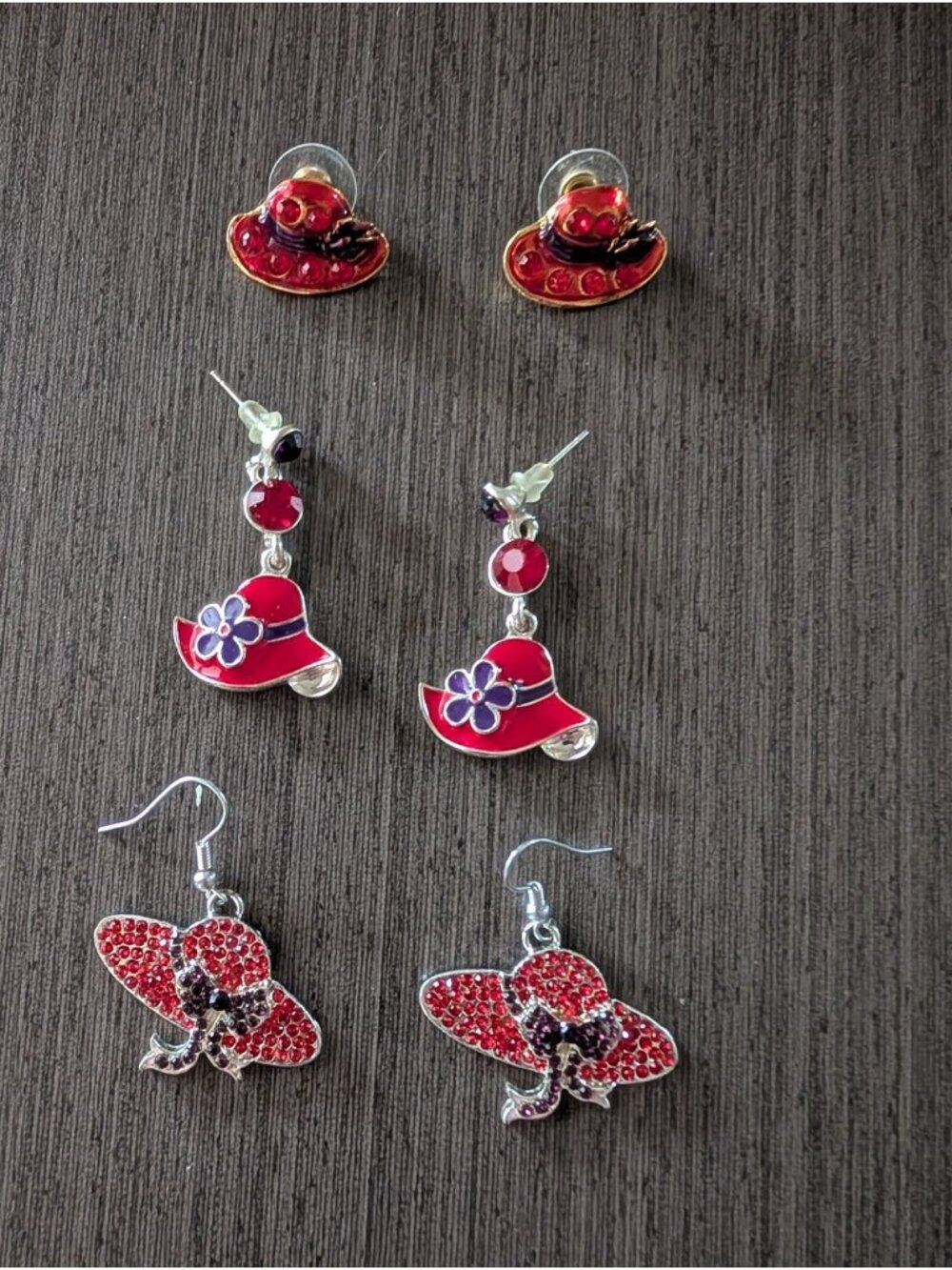 Red Hat Society Earrings Lot of 3 Pairs Rhinestone Hat Pierced Dangle & Studs